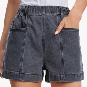 Fuinloth Women's Denim Shorts, Elastic Wasit Mid Rise Loose Fit with 2 Front Poc